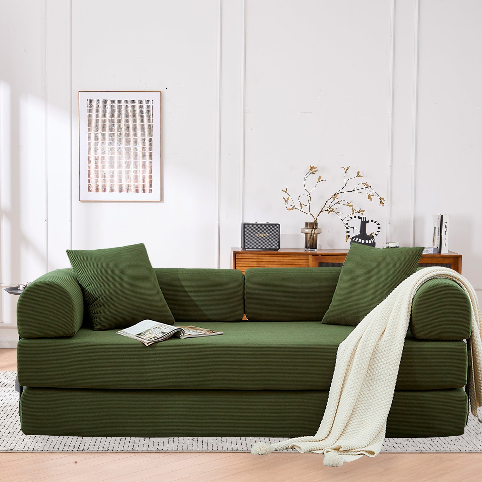 Folding Sofa Bed, 63" Convertible Couch Bed with 2 Pillows, Fold Out Couch, Foam Spring Floor Mattress, Futon Couch for Living Room, Office, Apartment