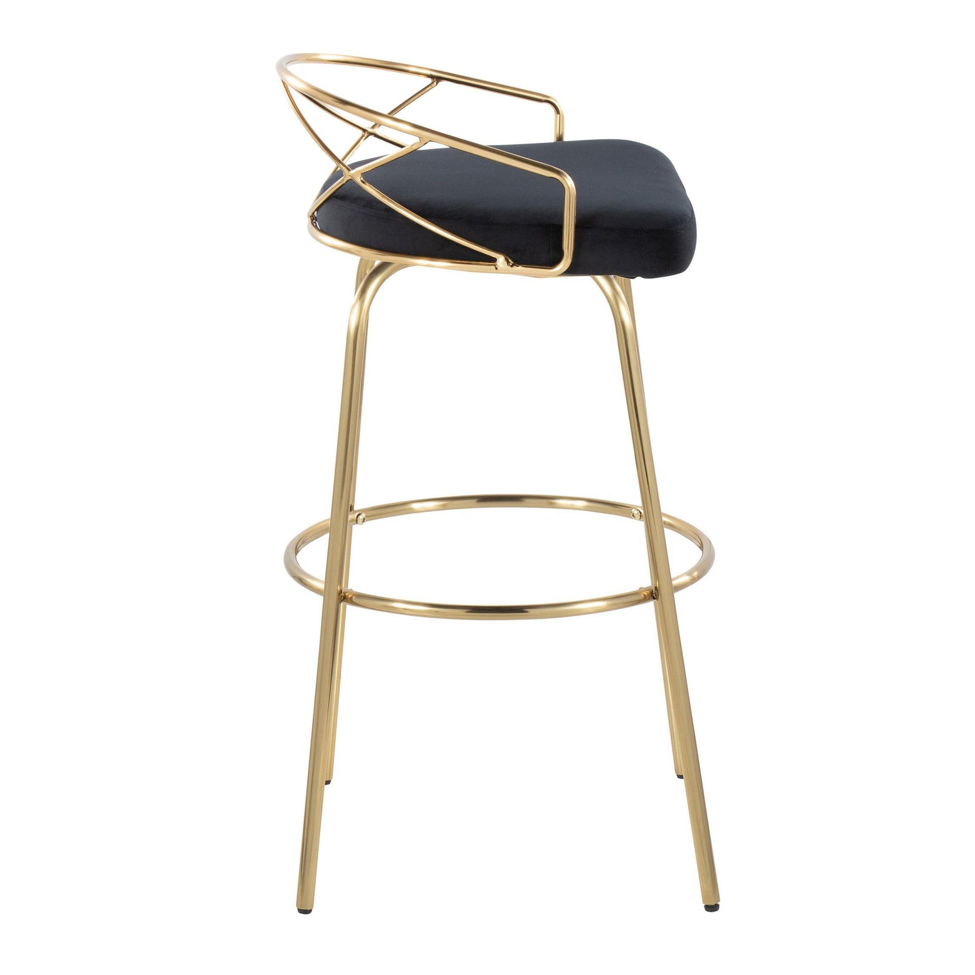 Charlotte Glam 30" Glam/Art Deco Fixed-Height Barstool with Swivel in Gold Metal and Black Velvet with Round Footrest by LumiSource - Set of 2