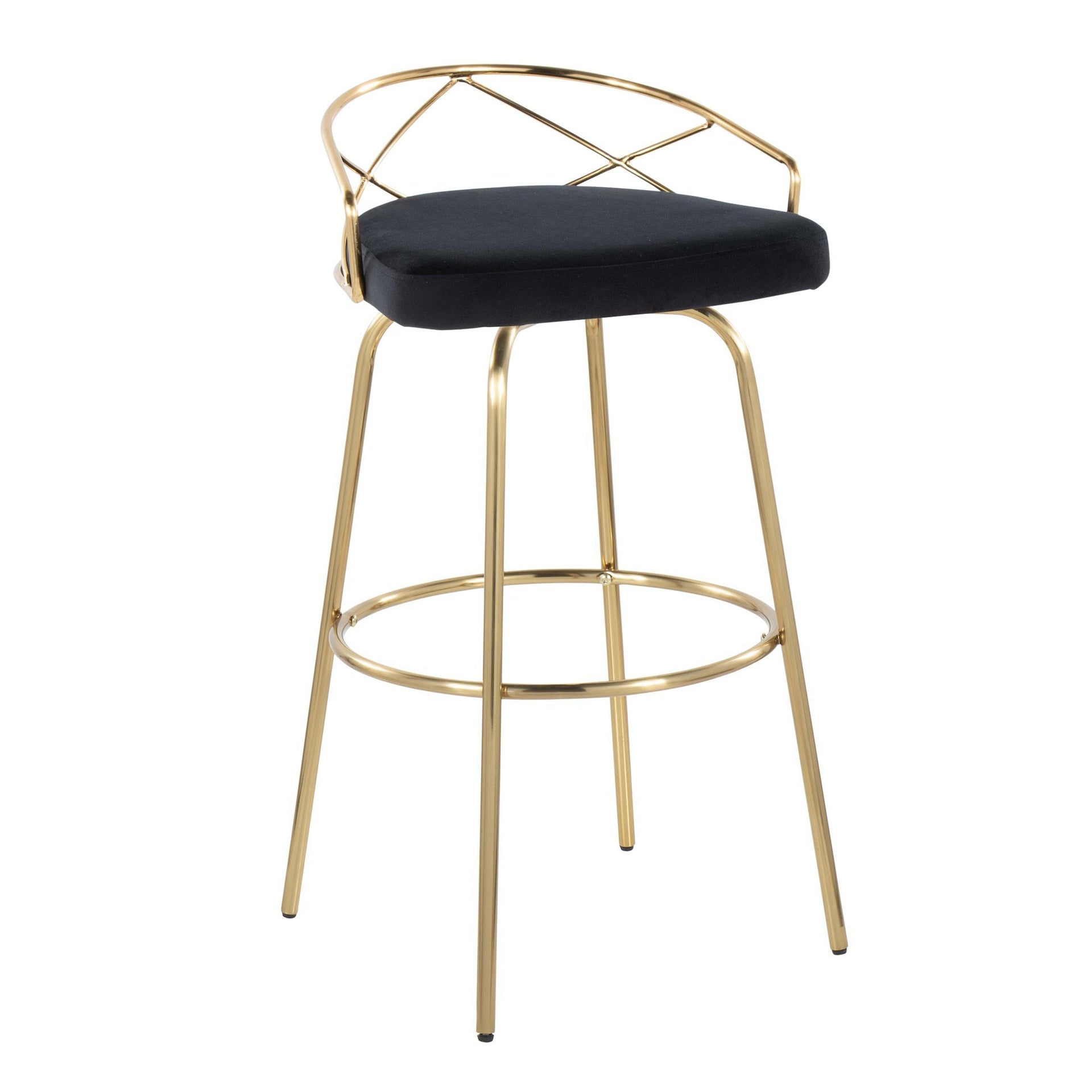 Charlotte Glam 30" Glam/Art Deco Fixed-Height Barstool with Swivel in Gold Metal and Black Velvet with Round Footrest by LumiSource - Set of 2