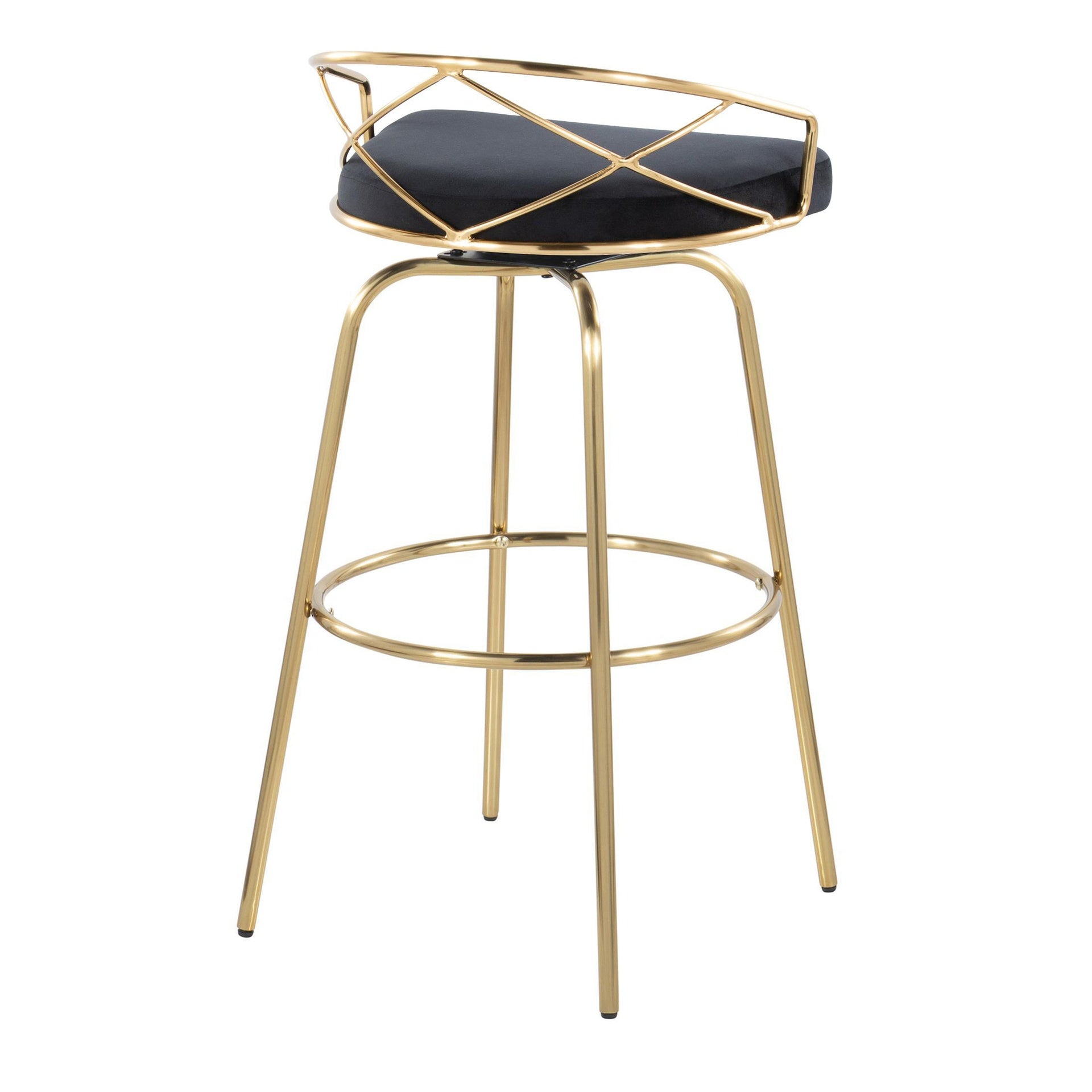 Charlotte Glam 30" Glam/Art Deco Fixed-Height Barstool with Swivel in Gold Metal and Black Velvet with Round Footrest by LumiSource - Set of 2