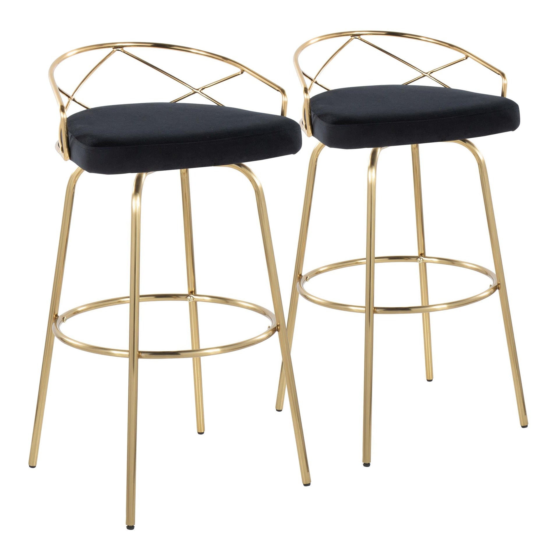 Charlotte Glam 30" Glam/Art Deco Fixed-Height Barstool with Swivel in Gold Metal and Black Velvet with Round Footrest by LumiSource - Set of 2
