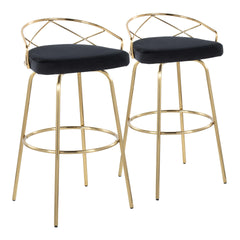 Charlotte Glam 30" Glam/Art Deco Fixed-Height Barstool with Swivel in Gold Metal and Black Velvet with Round Footrest by LumiSource - Set of 2