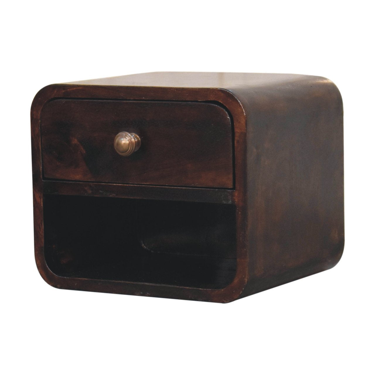 Solid Wood Mini Curved California Walnut Wall-Mounted Bedside, Open Slot, 1-Drawer