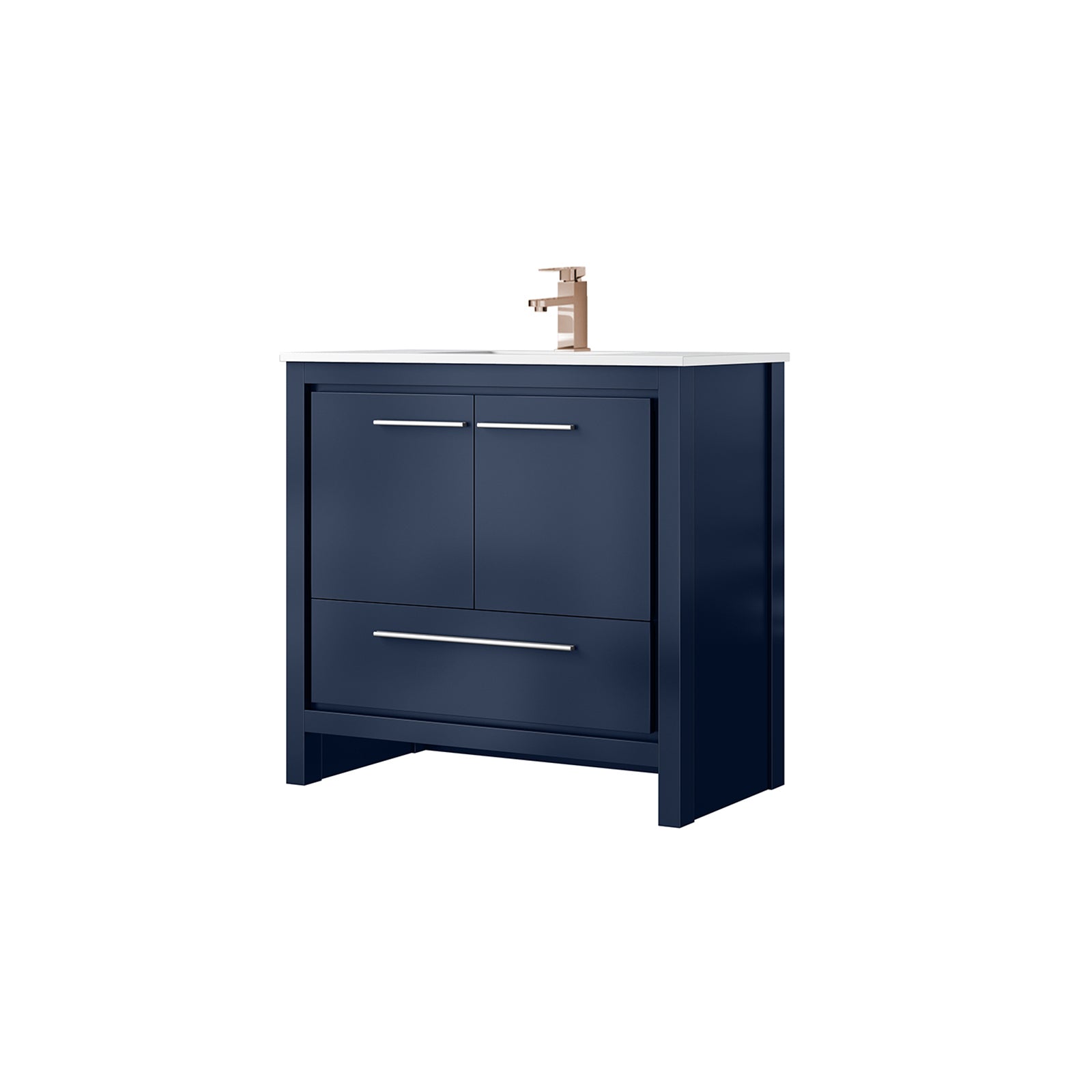 Navy Blue Bath Vanity 36 in. W x 20 in. D, White Quartz Top and Rose Gold Faucet Set