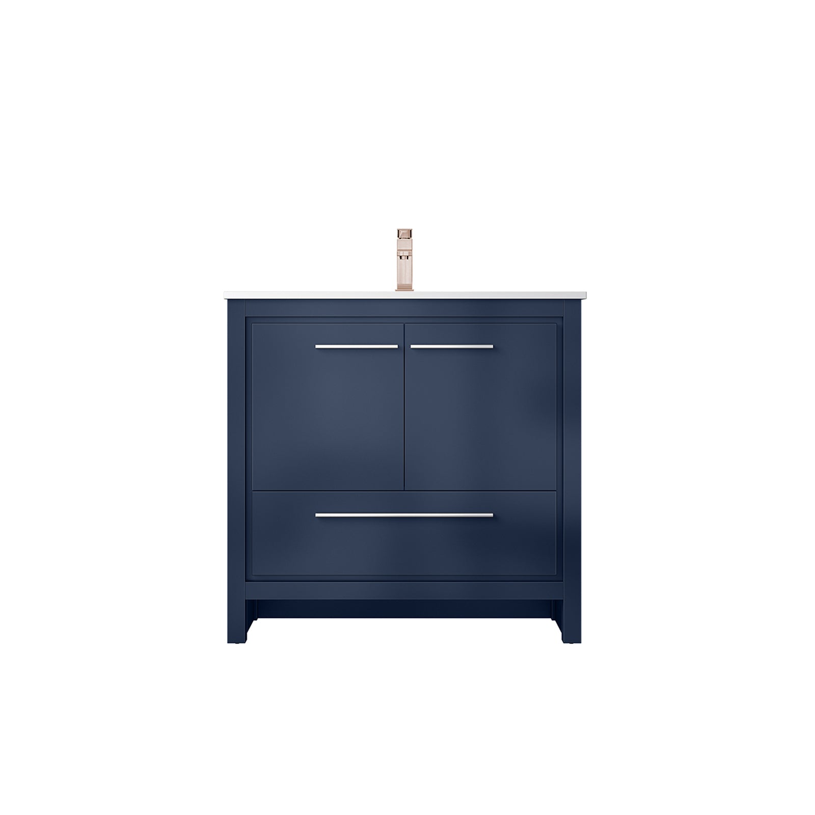 Navy Blue Bath Vanity 36 in. W x 20 in. D, White Quartz Top and Rose Gold Faucet Set