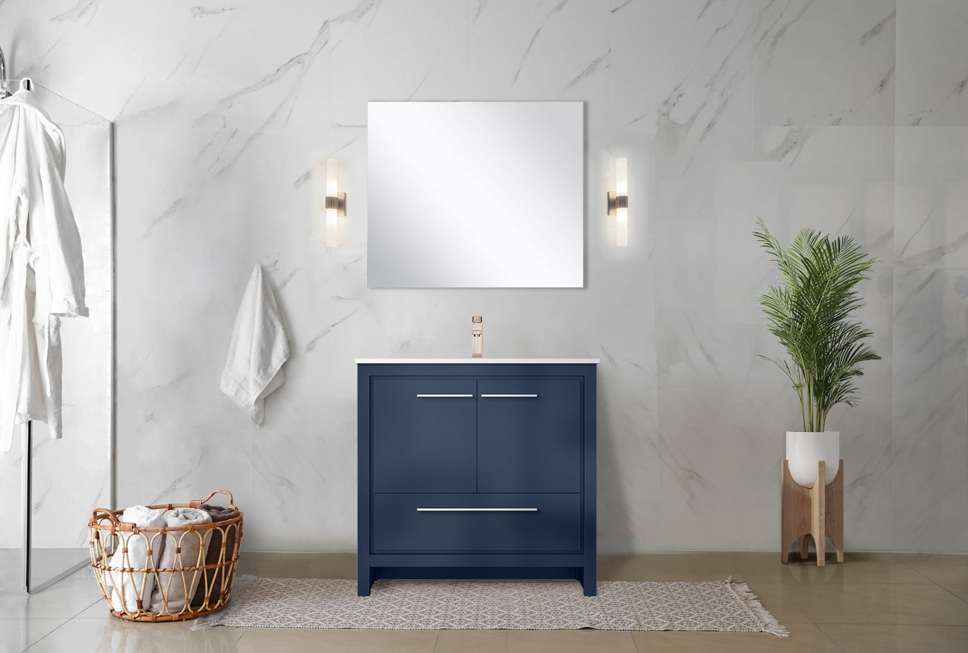 Navy Blue Bath Vanity 36 in. W x 20 in. D, White Quartz Top and Rose Gold Faucet Set