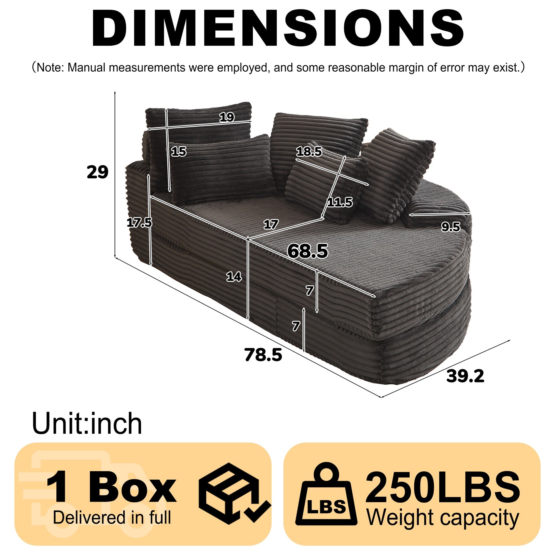 78.5-Inch Corduroy Semi-Circular 2-in-1 Sofa Bed, Designer Recliner with Neck Pillow and Five Throw Pillows in Living Room