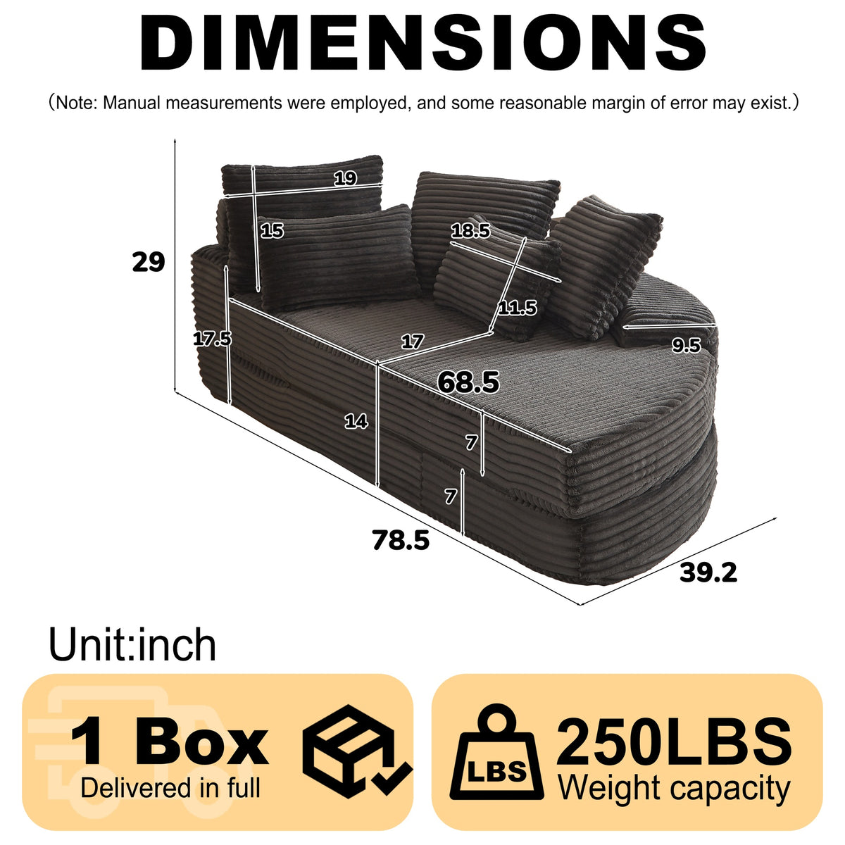 78.5-Inch Corduroy Semi-Circular 2-in-1 Sofa Bed, Designer Recliner with Neck Pillow and Five Throw Pillows in Living Room