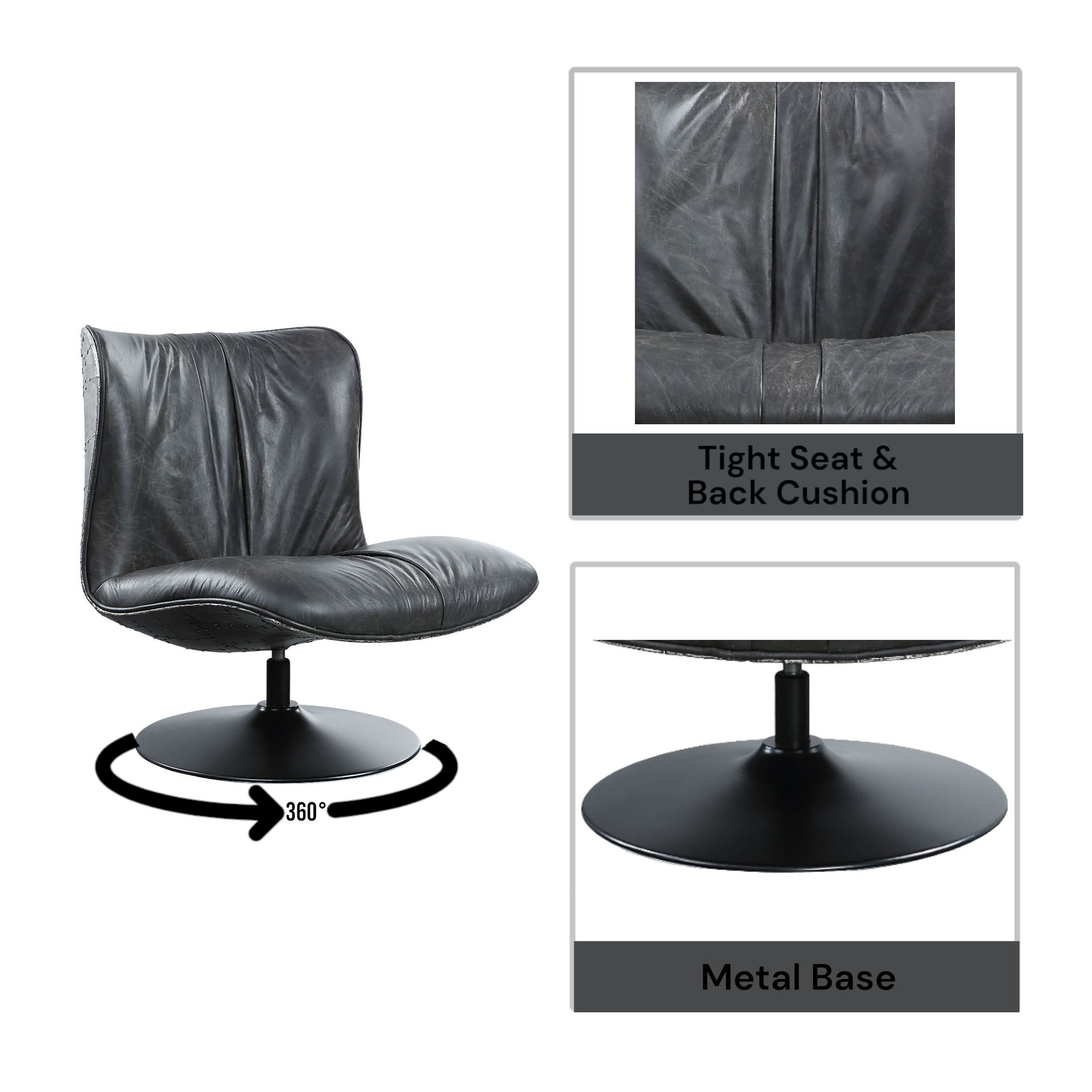 Piotr Black Top Grain Leather Accent Chair with Swivel