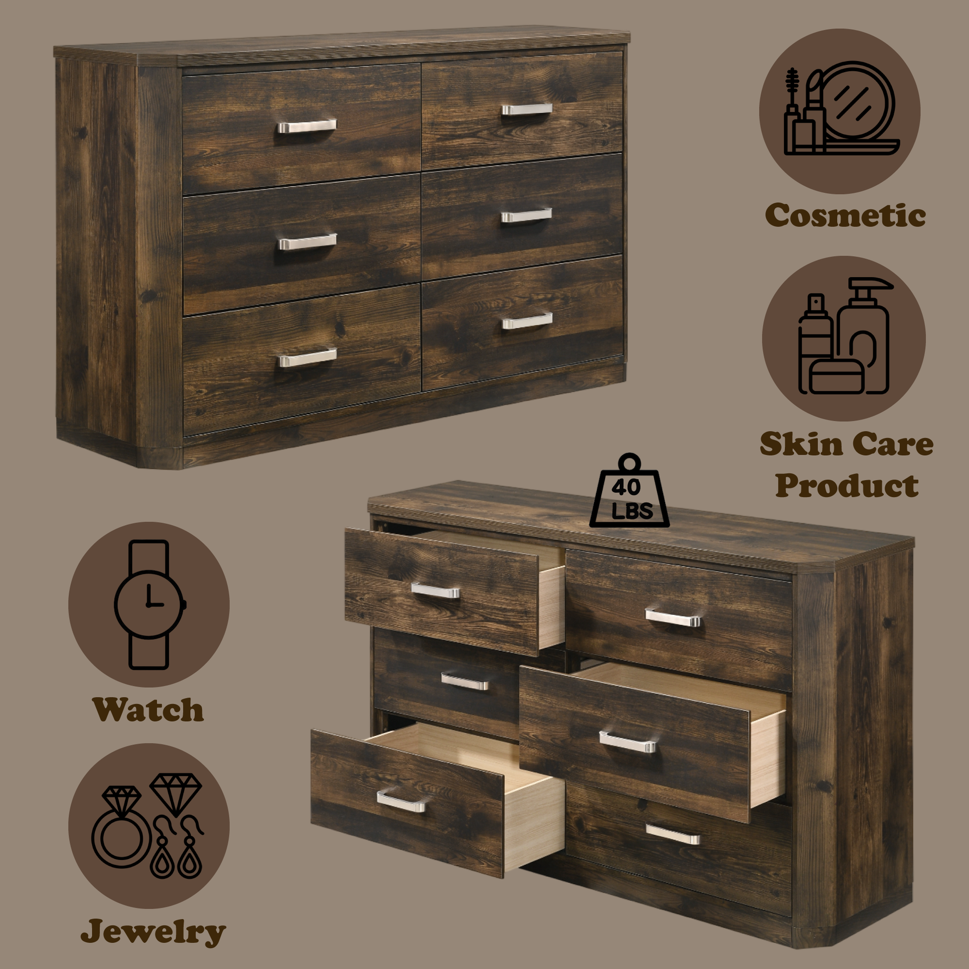Elettra Rustic Walnut Finish Dresser