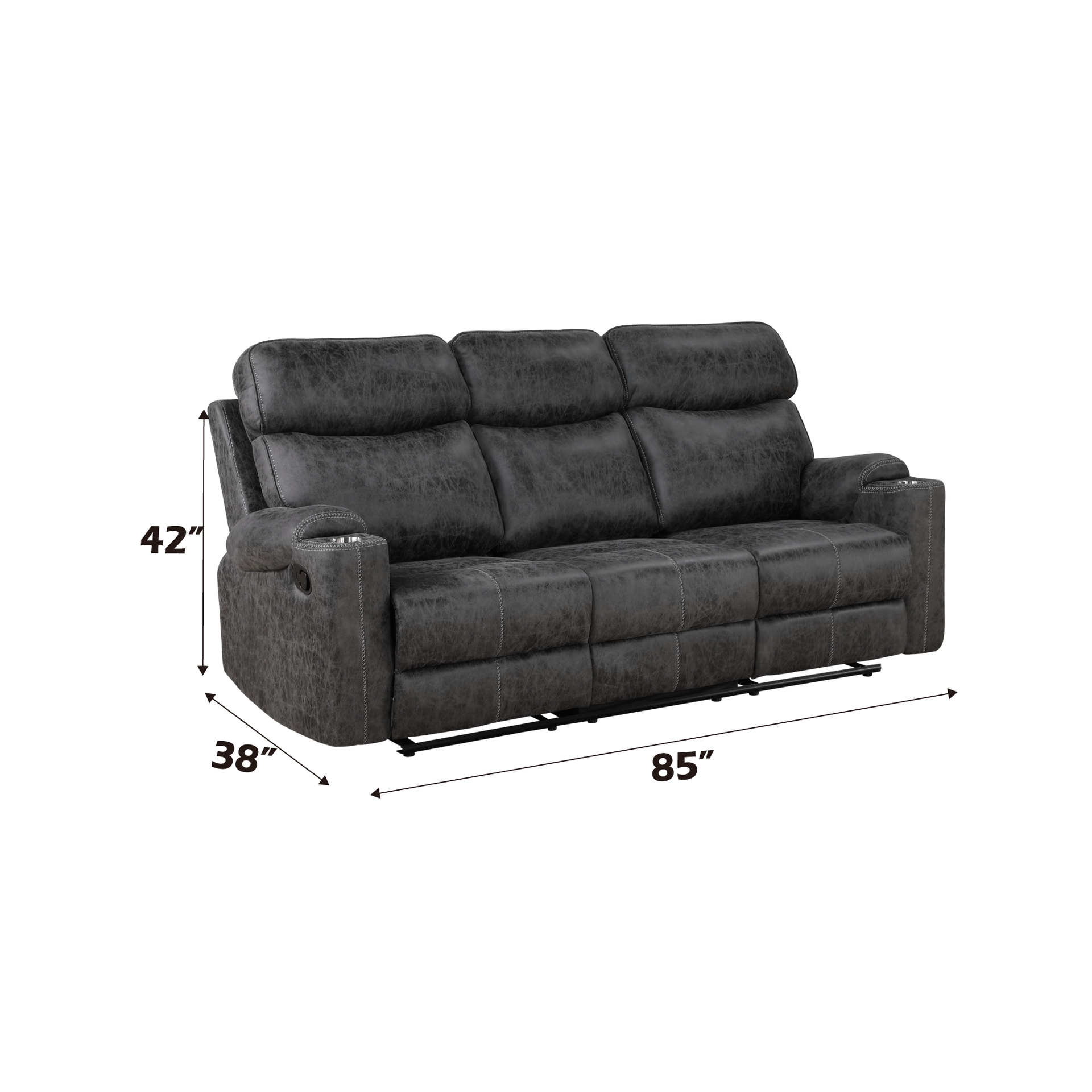 Hirah Dark Gray Microfiber Manual Recliner Sofa with Cupholder Function