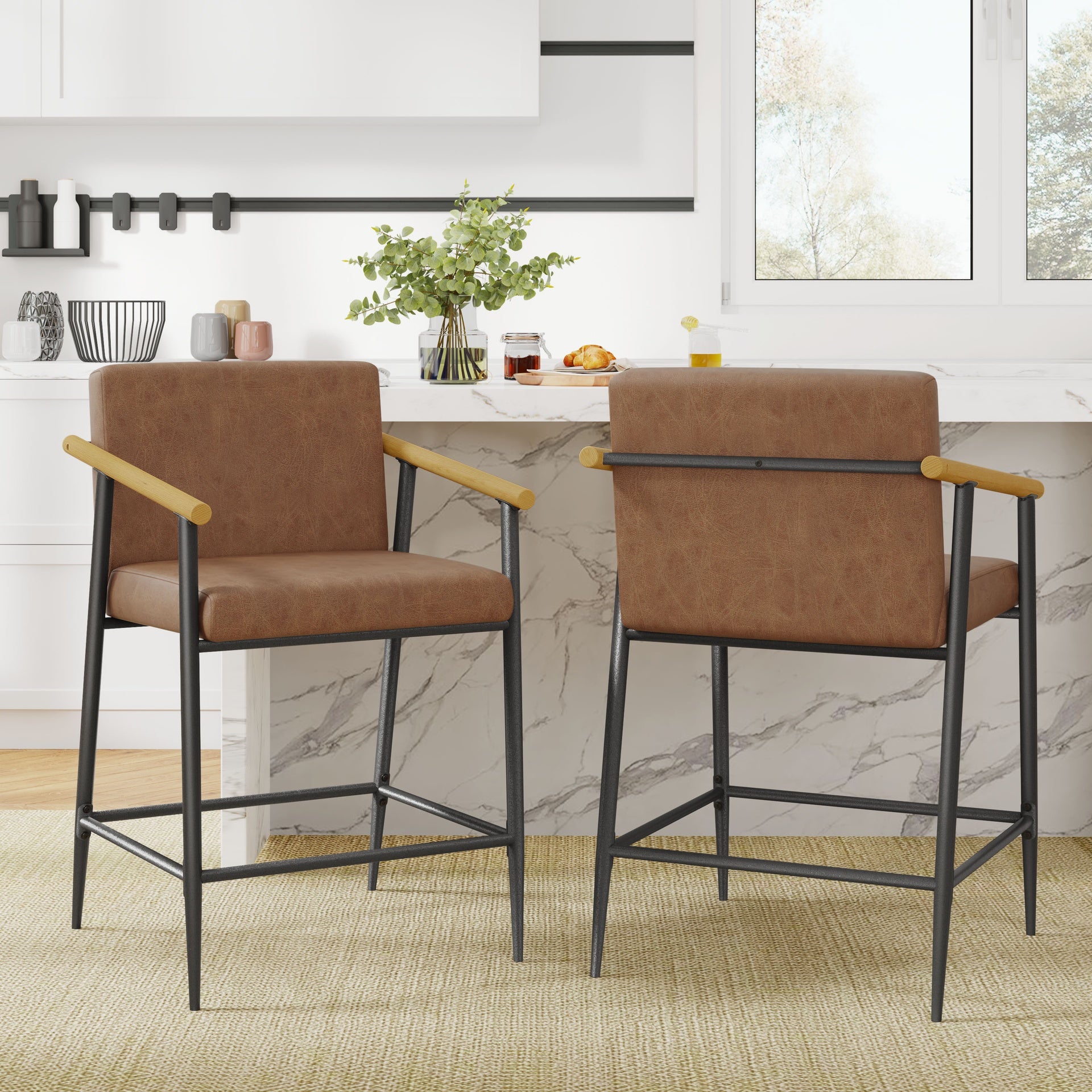 Counter Stool with iron frame-set of 2-Black+Reddish Brown