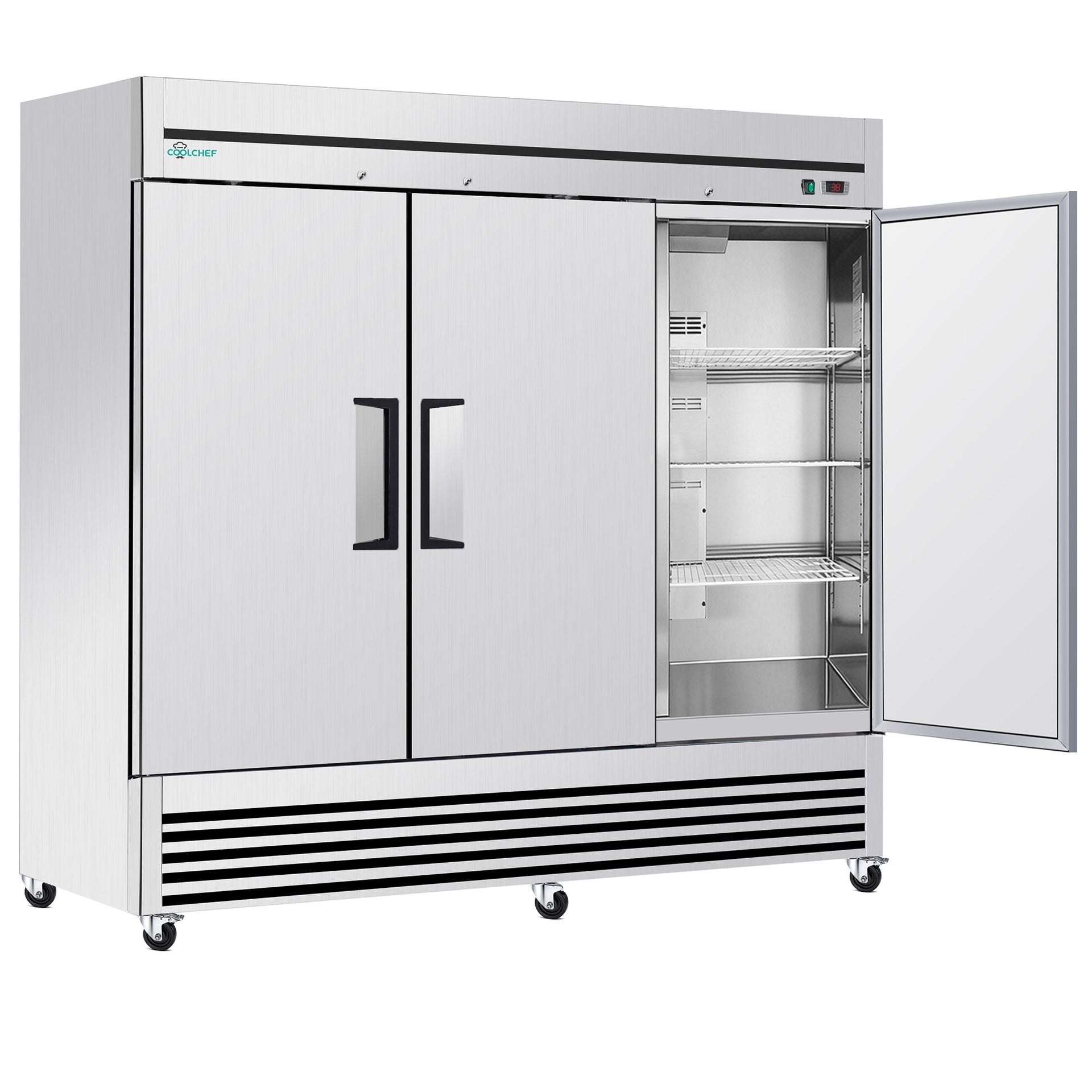 72" Cu Ft Commercial Reach-In Refrigerator, 3 Solid Door Stainless Steel Upright Cooler, 33–40°F Digital Thermostat, 9 Shelves, R290, 110V