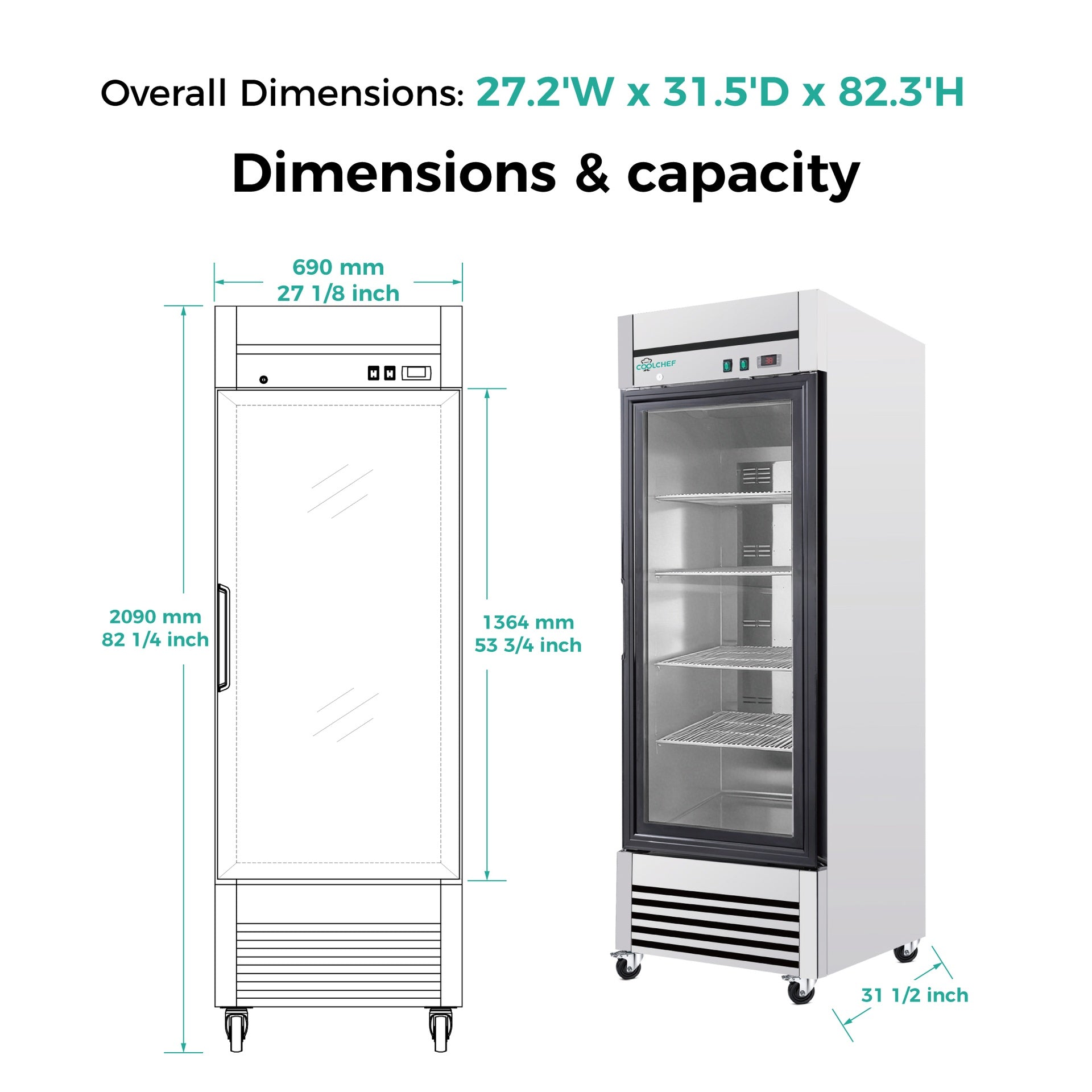 27" Single Glass Door Commercial Reach-In Display Refrigerator, 33–40°F Merchandiser Cooler, Stainless Steel, R290, ETL DOE
