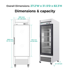 27" Single Glass Door Commercial Reach-In Display Refrigerator, 33–40°F Merchandiser Cooler, Stainless Steel, R290, ETL DOE