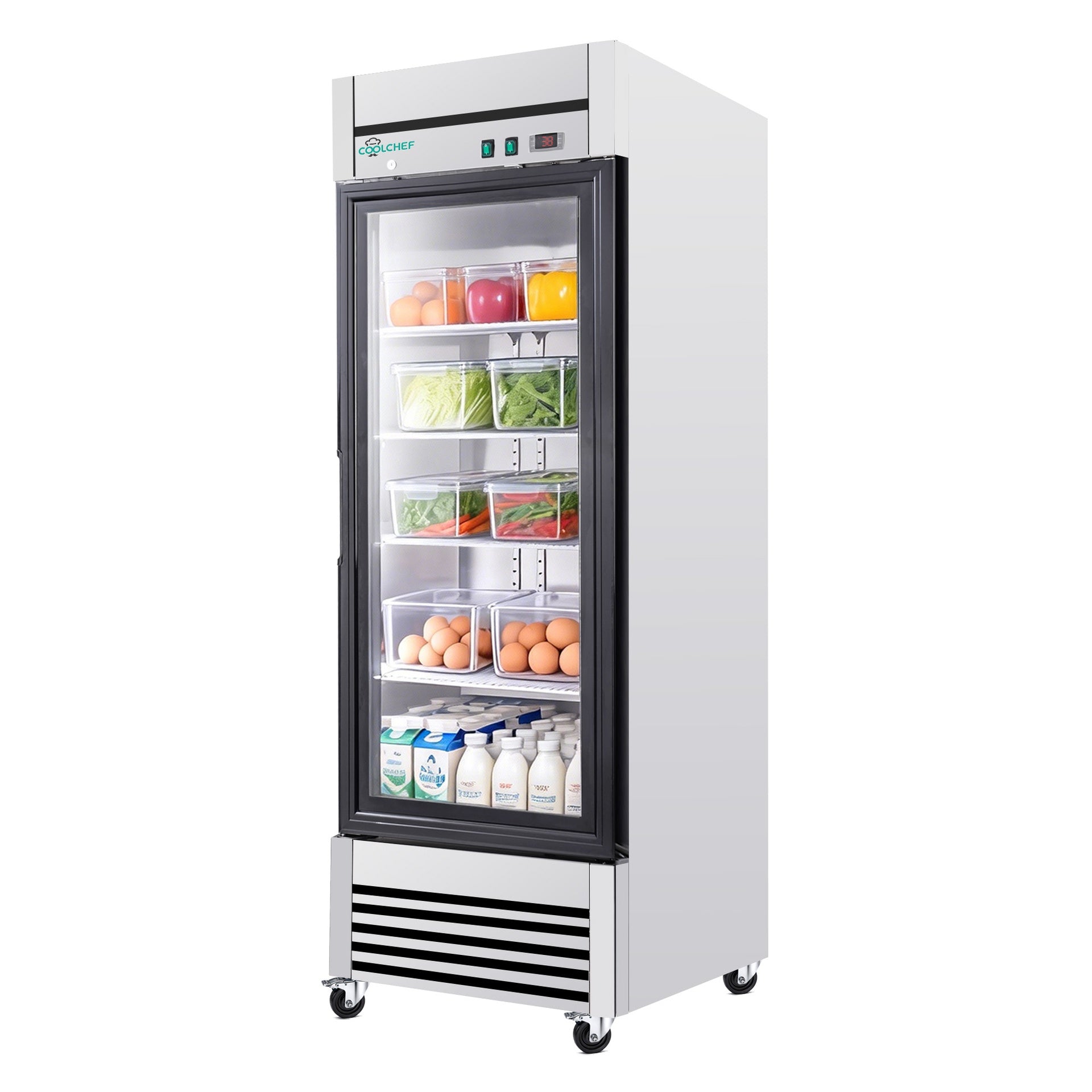 27" Single Glass Door Commercial Reach-In Display Refrigerator, 33–40°F Merchandiser Cooler, Stainless Steel, R290, ETL DOE