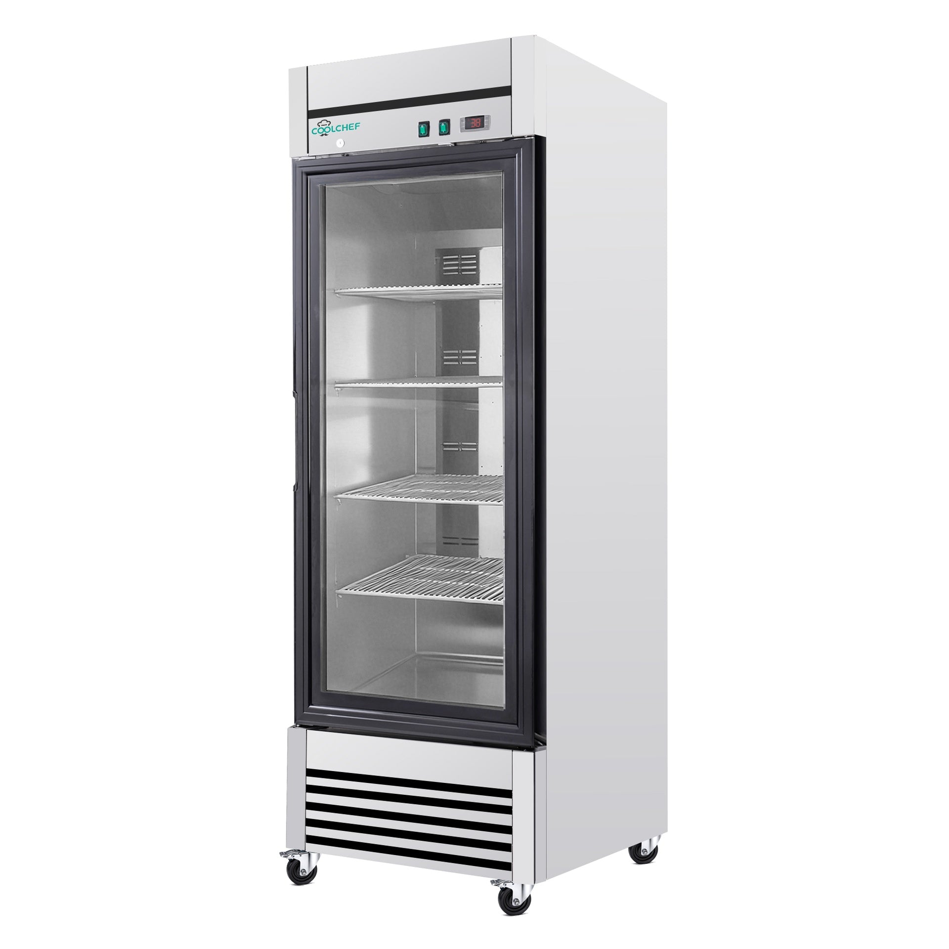 27" Single Glass Door Commercial Reach-In Display Refrigerator, 33–40°F Merchandiser Cooler, Stainless Steel, R290, ETL DOE