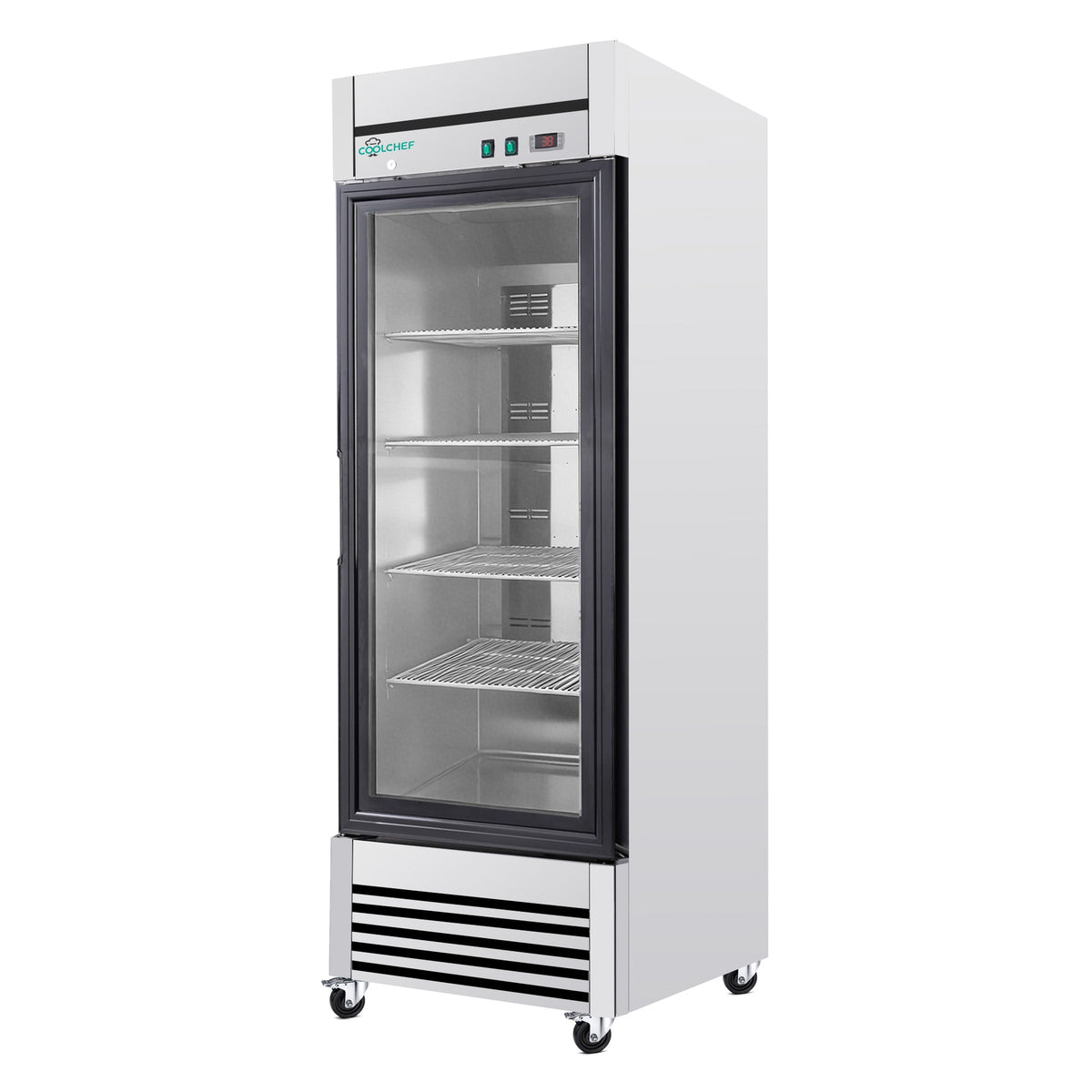27" Single Glass Door Commercial Reach-In Display Refrigerator, 33–40°F Merchandiser Cooler, Stainless Steel, R290, ETL DOE