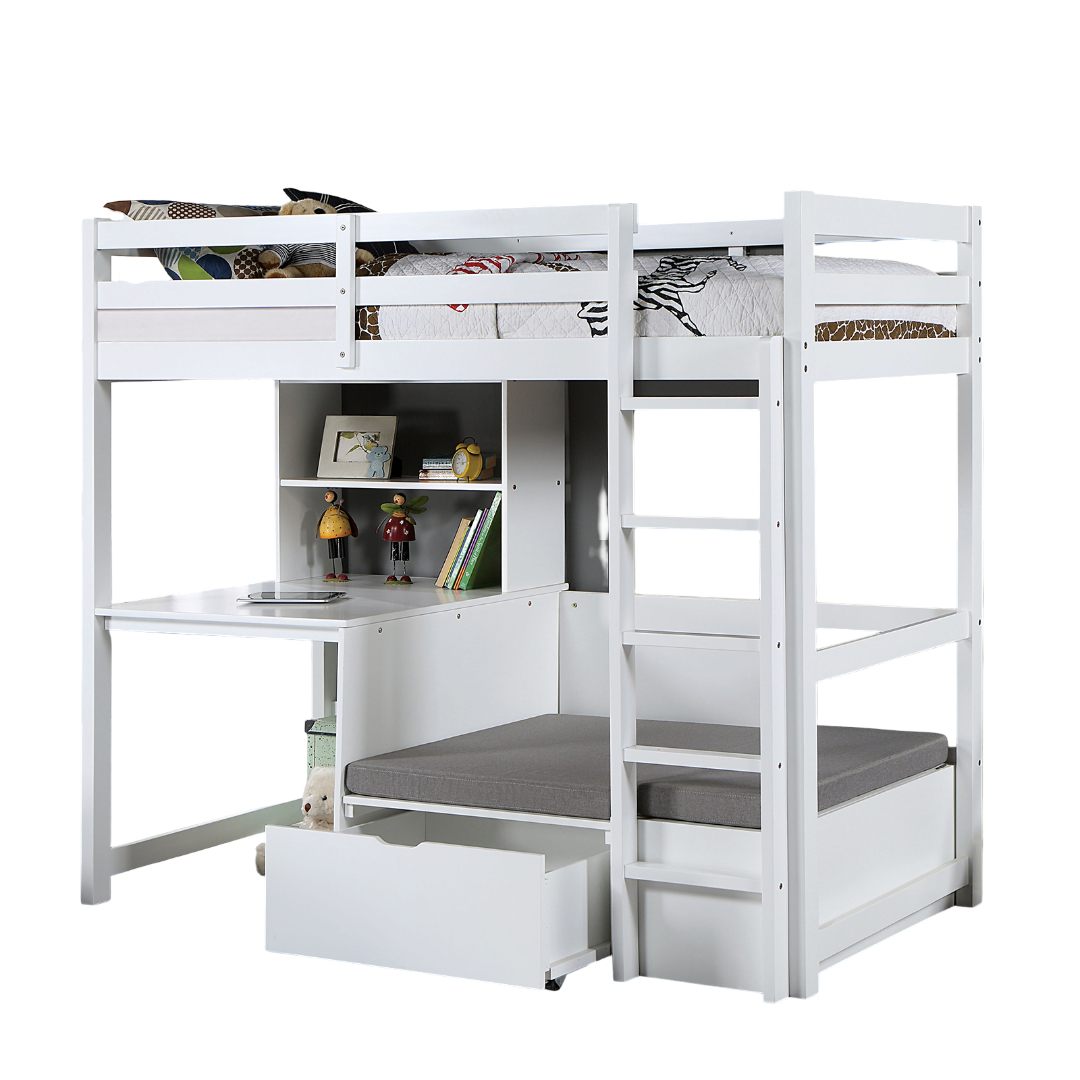 Modern Transitional Twin Over Workstation Loft Bed With Storage Box Attached Ladder Workstation And Bookcase, White
