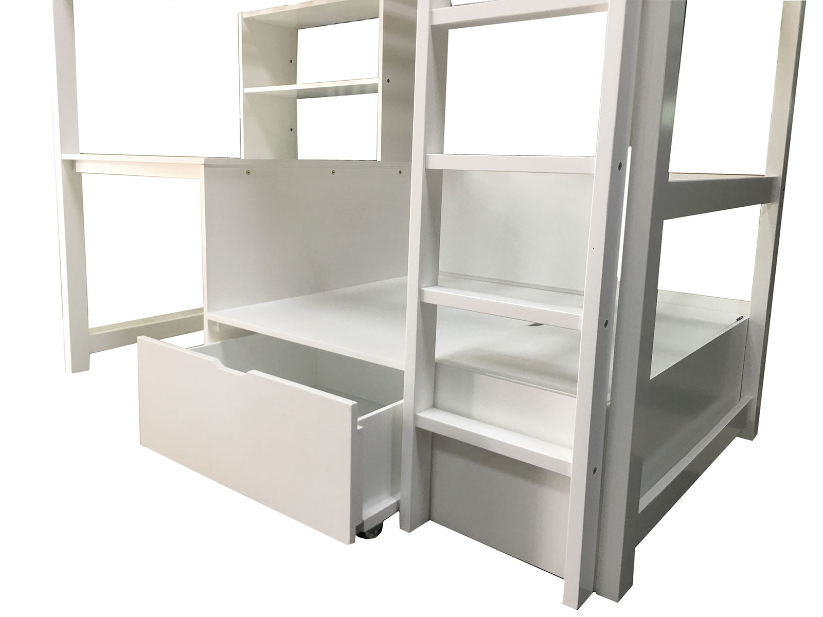 Modern Transitional Twin Over Workstation Loft Bed With Storage Box Attached Ladder Workstation And Bookcase, White