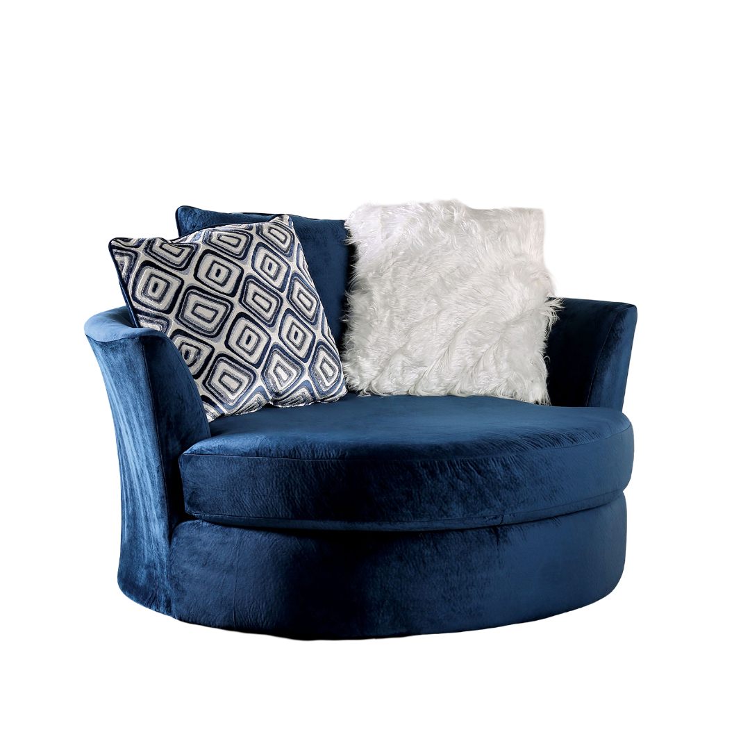 Transitional Style 1pc Round Chair Curved Arms Wooden Legs Zipper Cushion Navy Finish Pillows Included