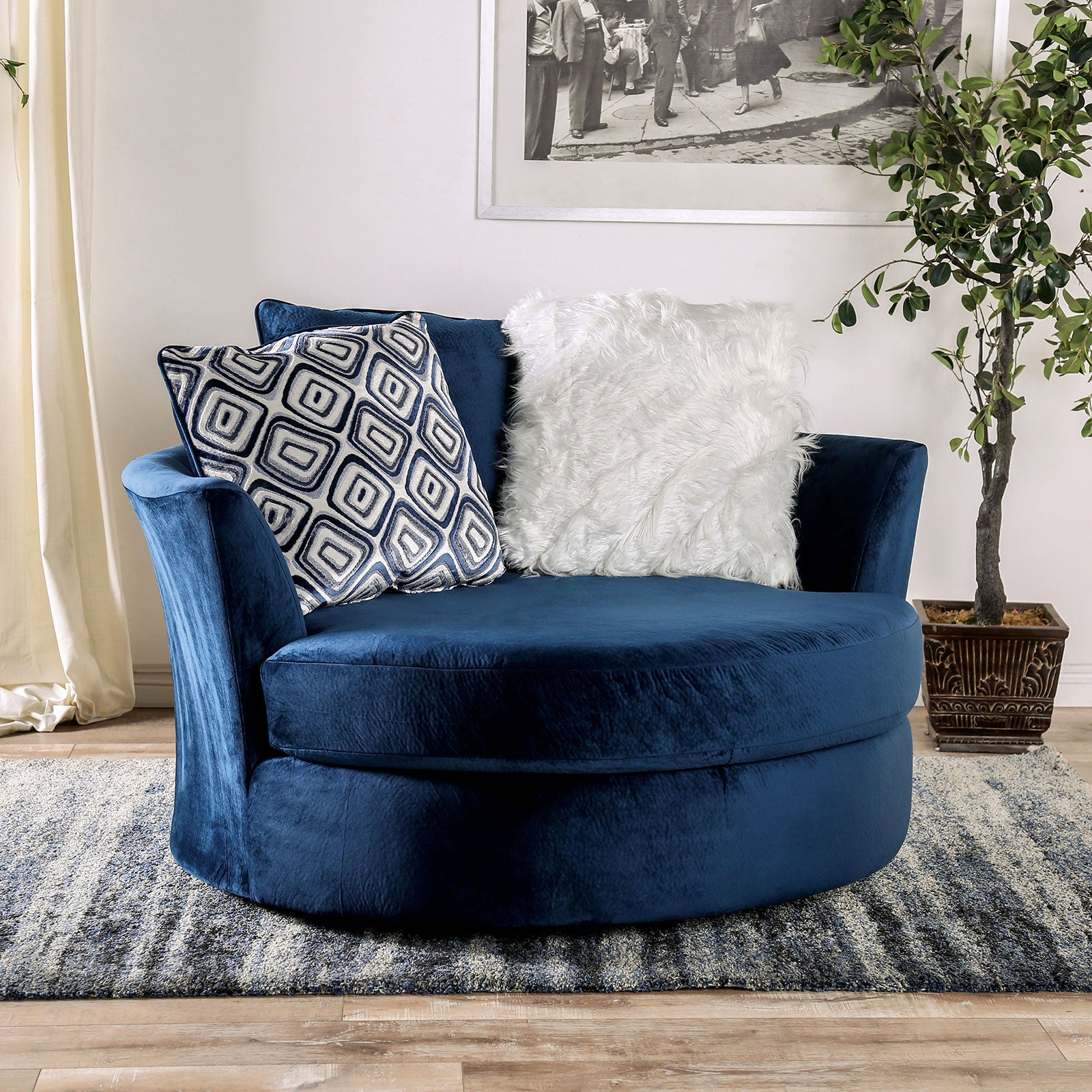 Transitional Style 1pc Round Chair Curved Arms Wooden Legs Zipper Cushion Navy Finish Pillows Included