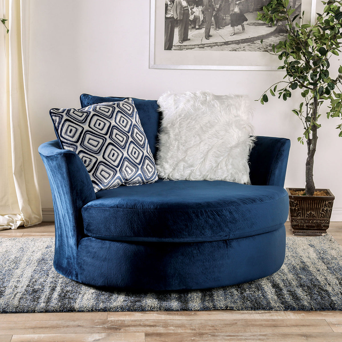 Transitional Style 1pc Round Chair Curved Arms Wooden Legs Zipper Cushion Navy Finish Pillows Included