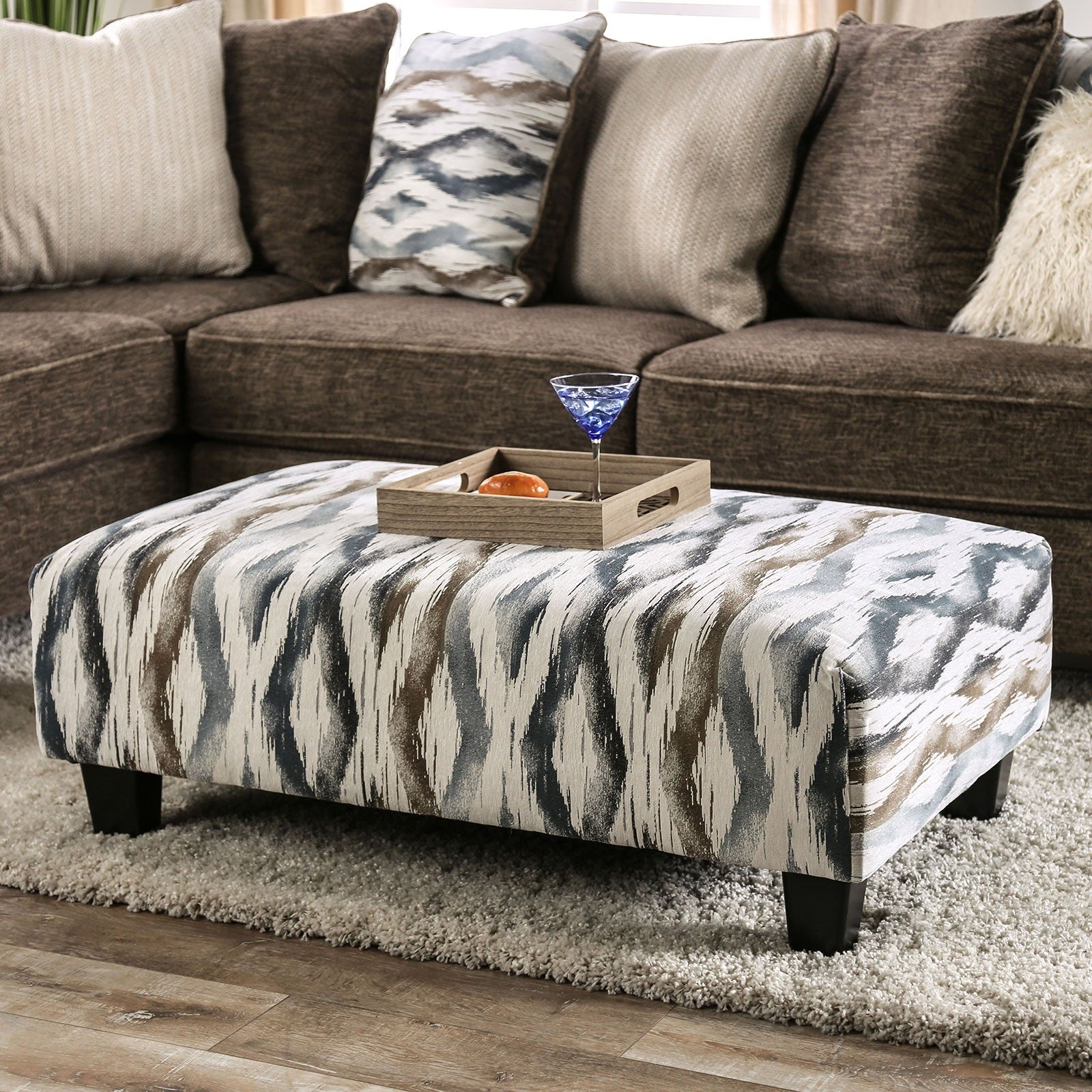 Contemporary Style Upholstery Ottoman With Design Printed Soft Microfabric Tapered Block Legs Multi Finish
