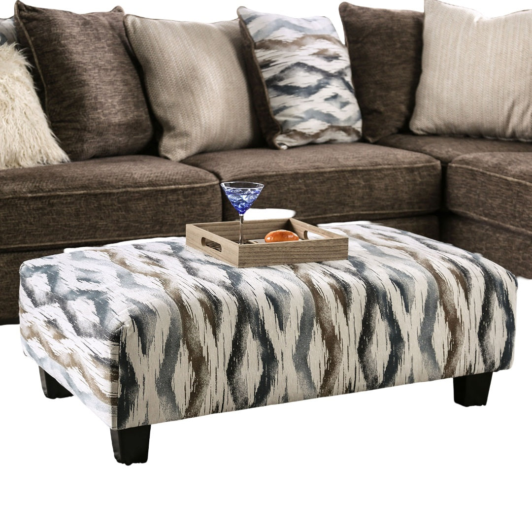 Contemporary Style Upholstery Ottoman With Design Printed Soft Microfabric Tapered Block Legs Multi Finish