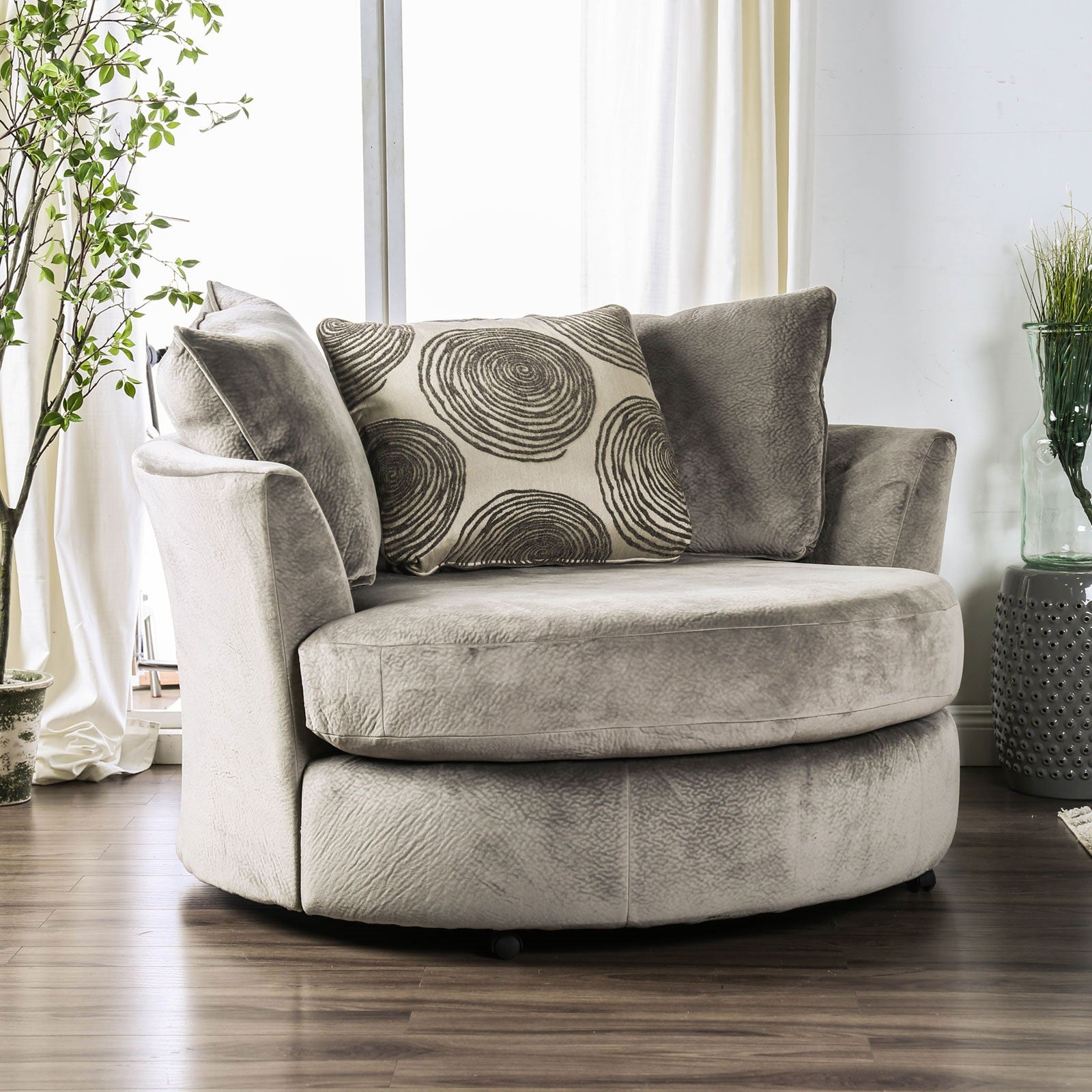 Gray Finish Transitional Style Swivel Round Chair T-Cushion Seating Fitted Back Pillow Flared Arms Pillow Included