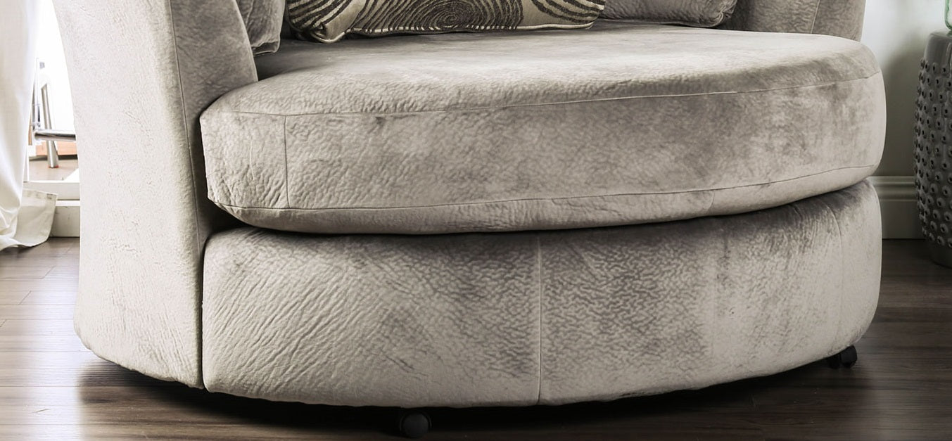 Gray Finish Transitional Style Swivel Round Chair T-Cushion Seating Fitted Back Pillow Flared Arms Pillow Included