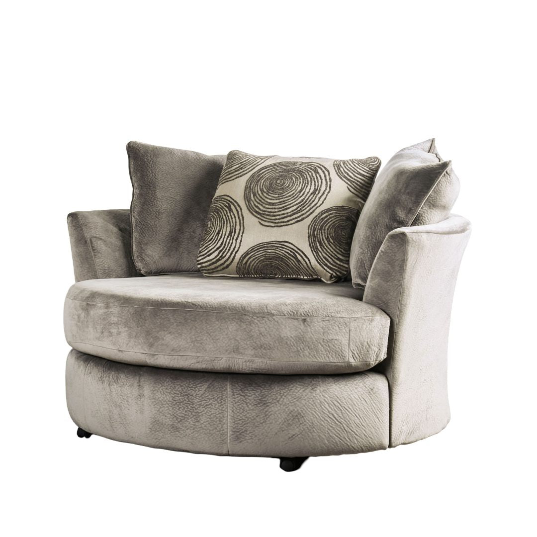 Gray Finish Transitional Style Swivel Round Chair T-Cushion Seating Fitted Back Pillow Flared Arms Pillow Included