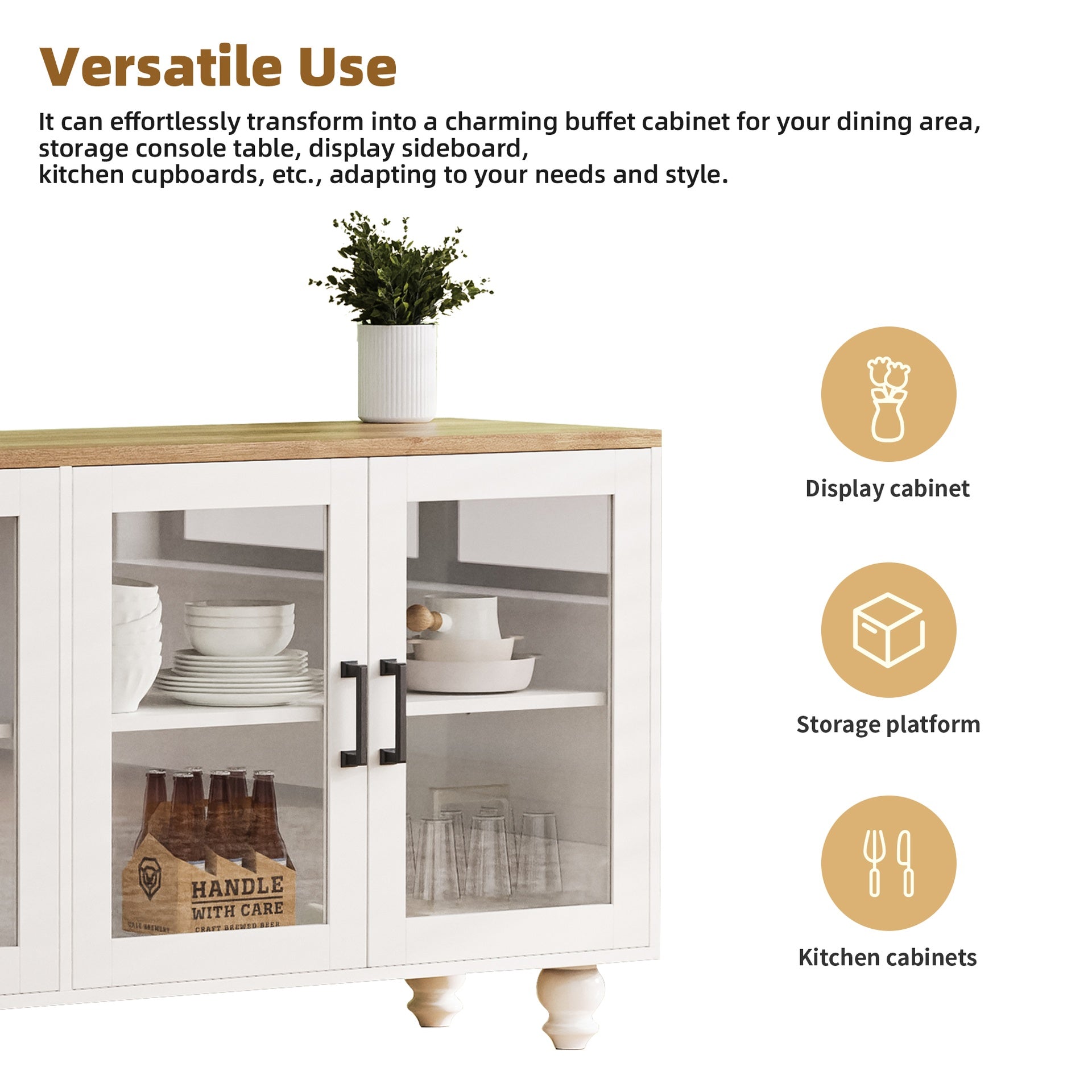 ON-TREND Farmhouse TV Stand with Tempered Glass Doors for TVs Up to 70", Versatile Sideboard with Adjustable Shelves, Elegant Buffet Cabinet with 5 Solid Wood Gourd-Shaped Legs for Living Room, White