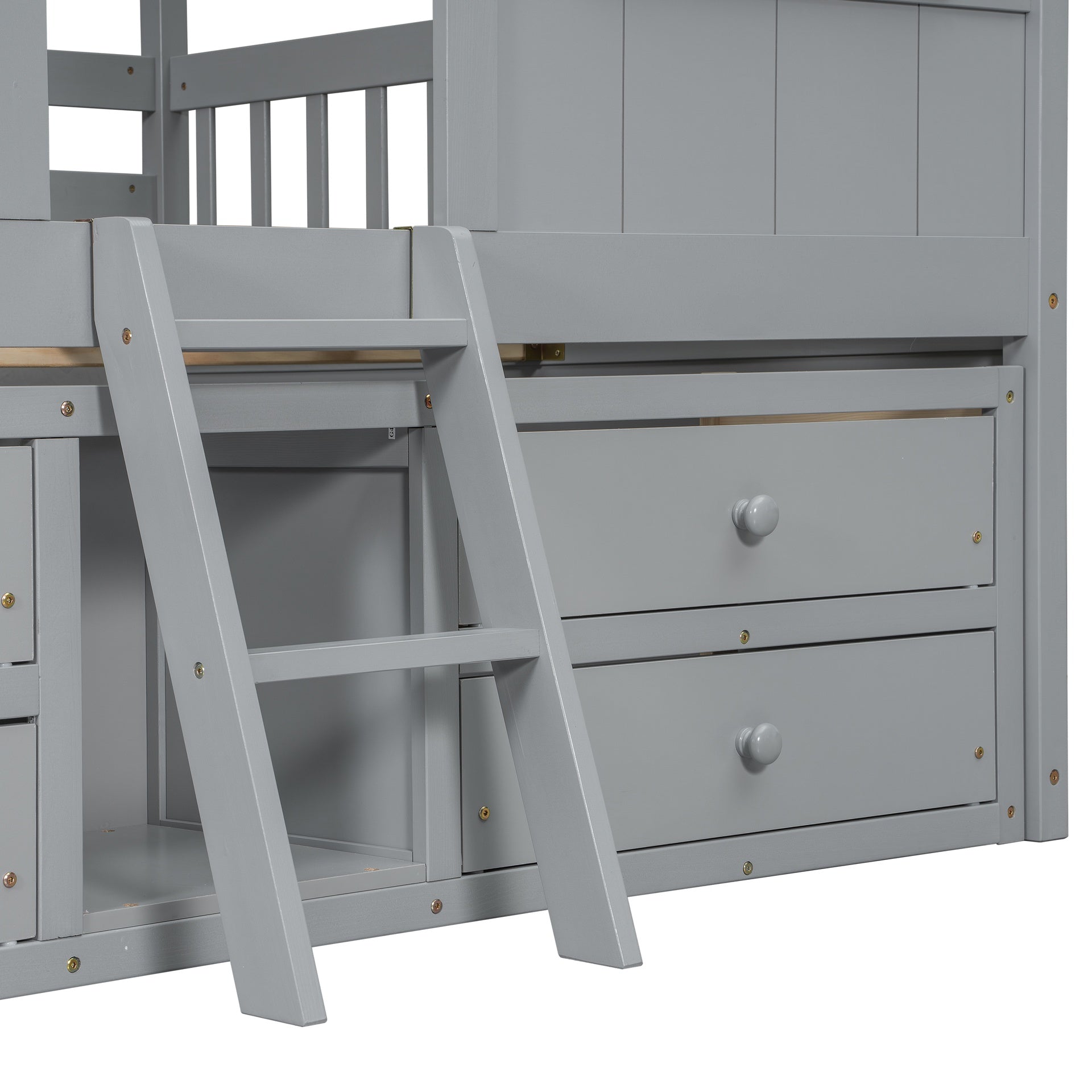 Full Size House Loft Bed with Roof, Windows,4 Storage Drawers,Pine Wooden Bed with Safety Guardrails,Ladder,Grey