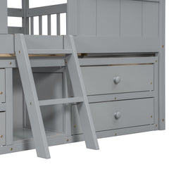 Full Size House Loft Bed with Roof, Windows,4 Storage Drawers,Pine Wooden Bed with Safety Guardrails,Ladder,Grey