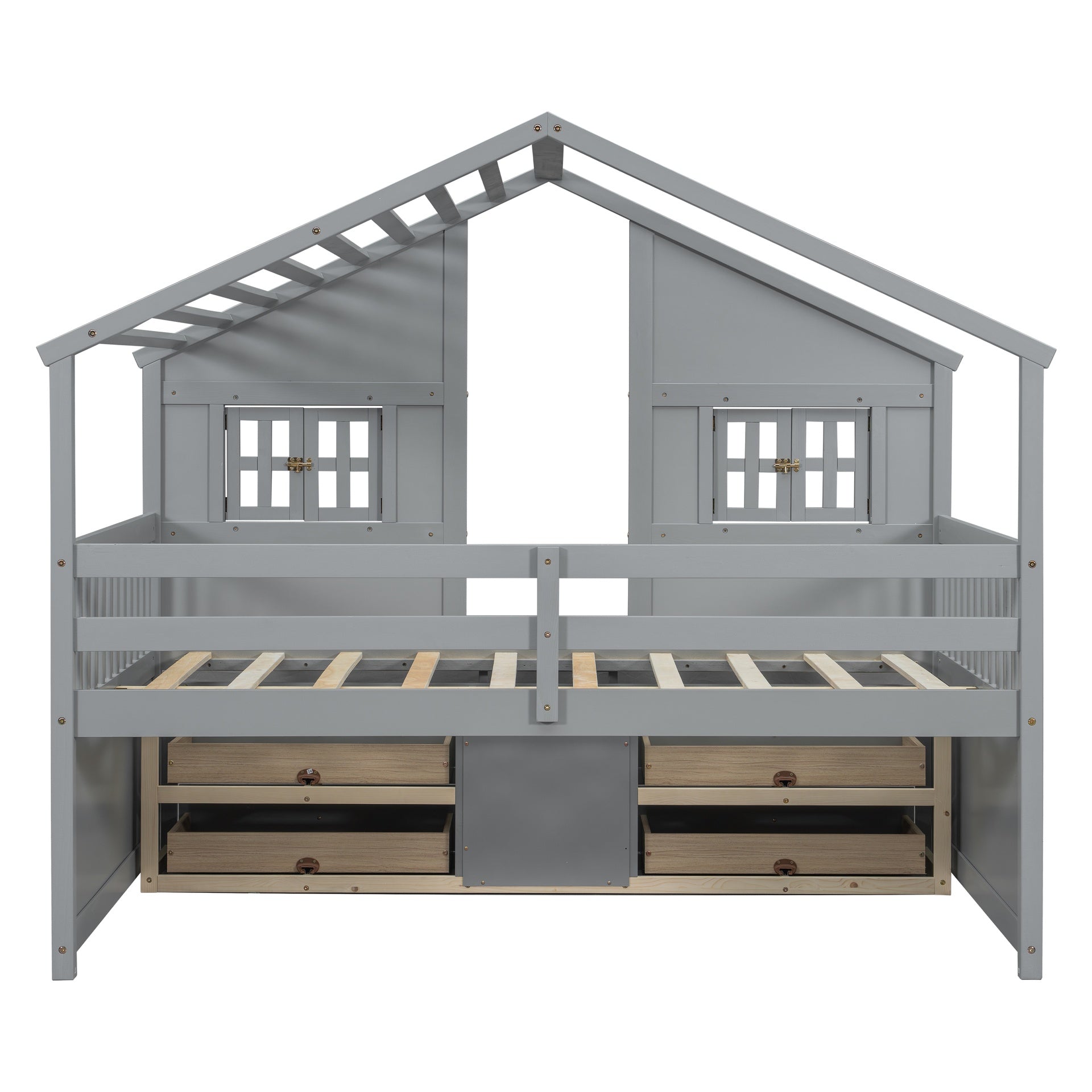 Full Size House Loft Bed with Roof, Windows,4 Storage Drawers,Pine Wooden Bed with Safety Guardrails,Ladder,Grey