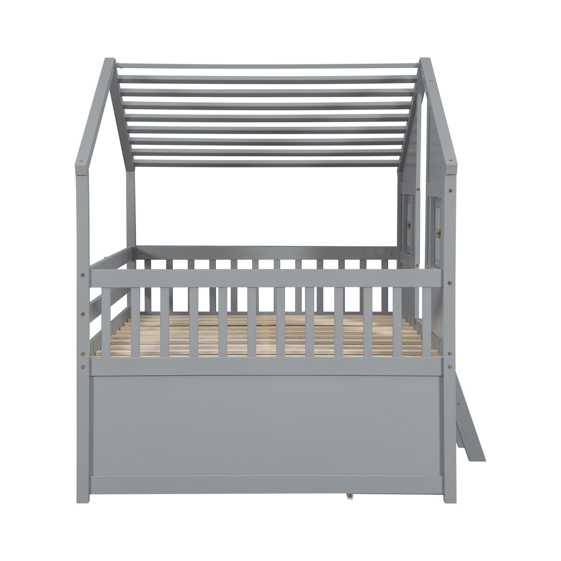 Full Size House Loft Bed with Roof, Windows,4 Storage Drawers,Pine Wooden Bed with Safety Guardrails,Ladder,Grey