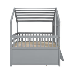 Full Size House Loft Bed with Roof, Windows,4 Storage Drawers,Pine Wooden Bed with Safety Guardrails,Ladder,Grey