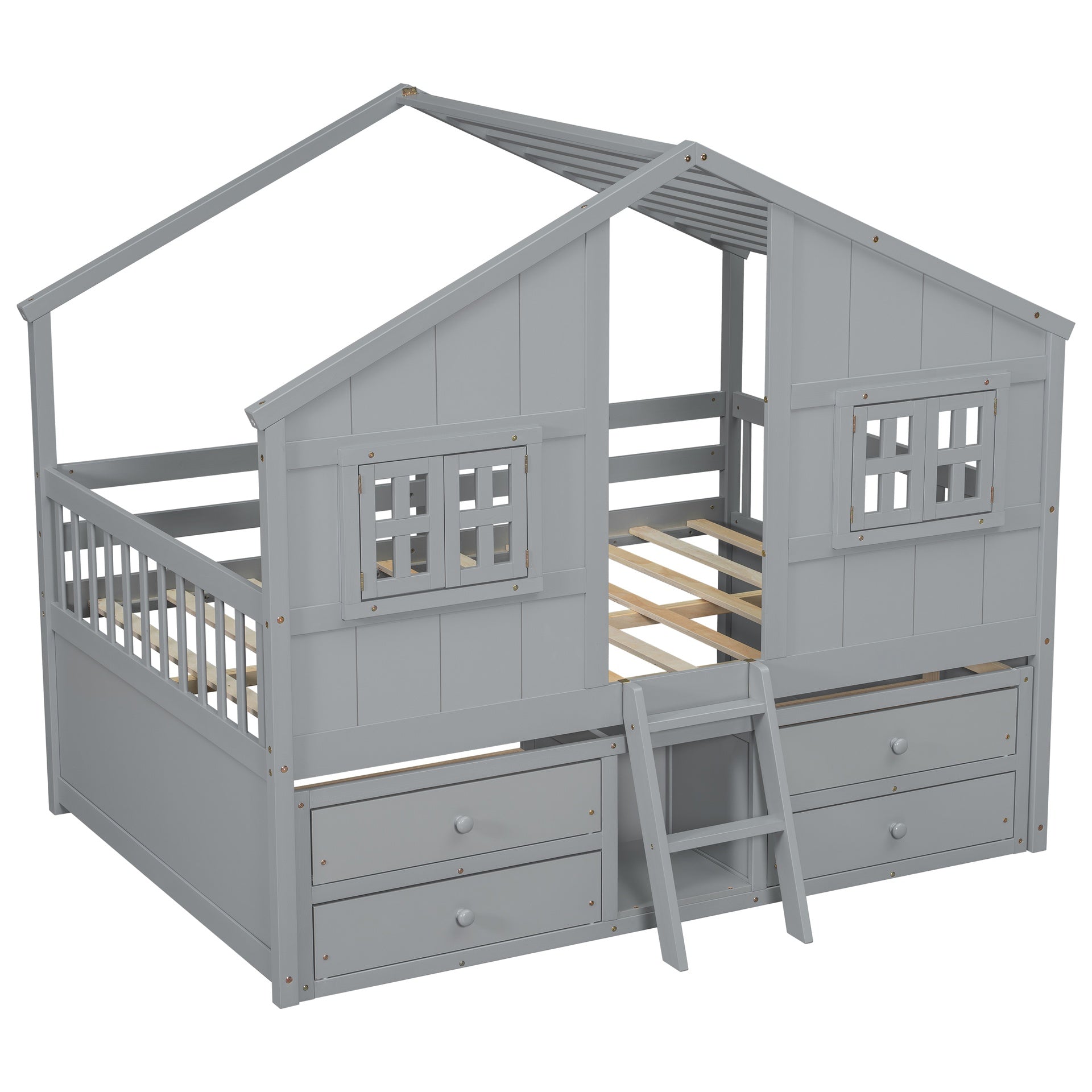 Full Size House Loft Bed with Roof, Windows,4 Storage Drawers,Pine Wooden Bed with Safety Guardrails,Ladder,Grey