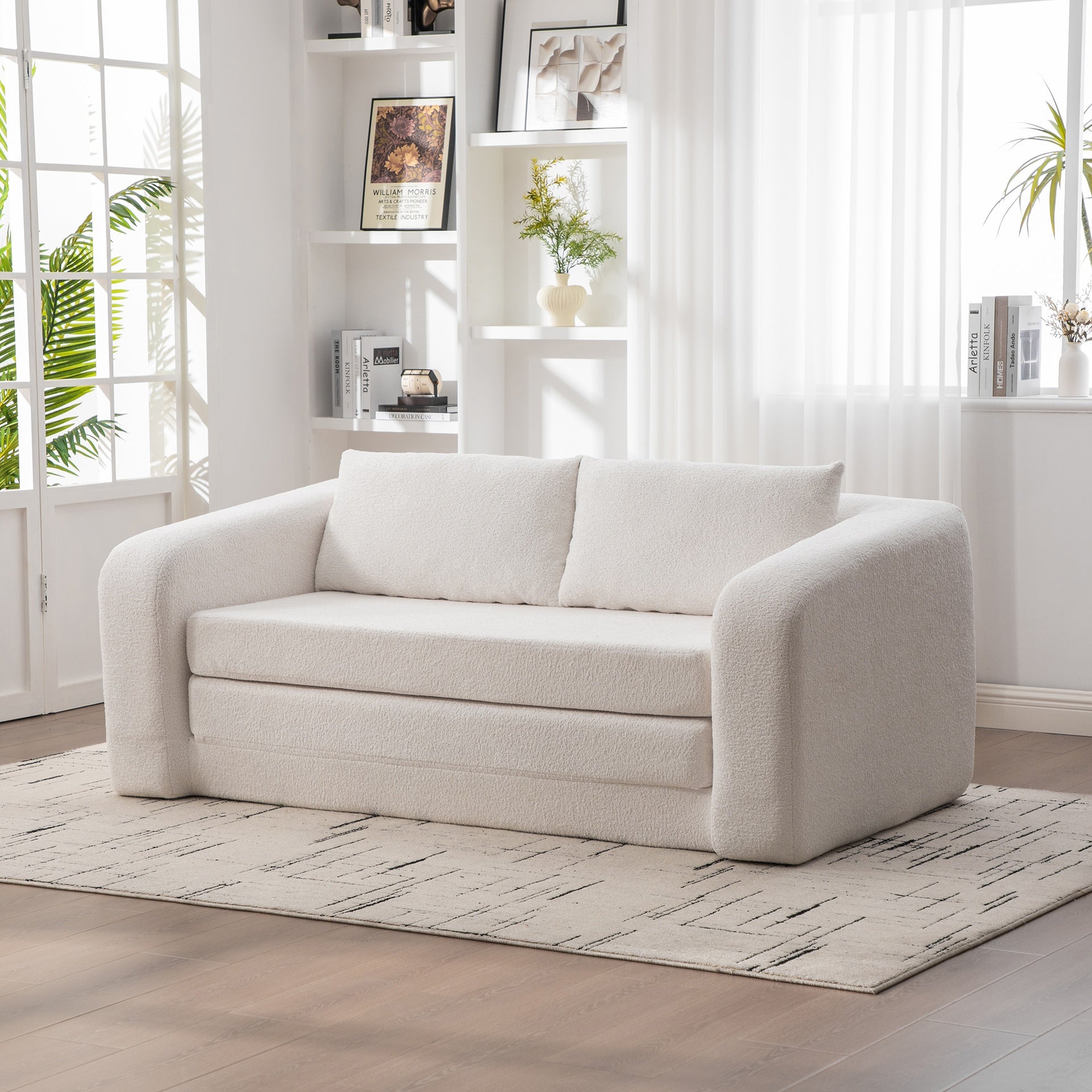 71" 2-in-1 Pull Out Foldable Loveseat Sofa Bed with Armrest & Backrest Pillows, Convertible Chenille Boneless Cloud Floor Mattress Sleeper Lounge Couch for Living Room Bedroom Guestroom Dorm, Ivory