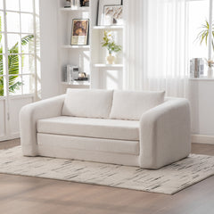 71" 2-in-1 Pull Out Foldable Loveseat Sofa Bed with Armrest & Backrest Pillows, Convertible Chenille Boneless Cloud Floor Mattress Sleeper Lounge Couch for Living Room Bedroom Guestroom Dorm, Ivory