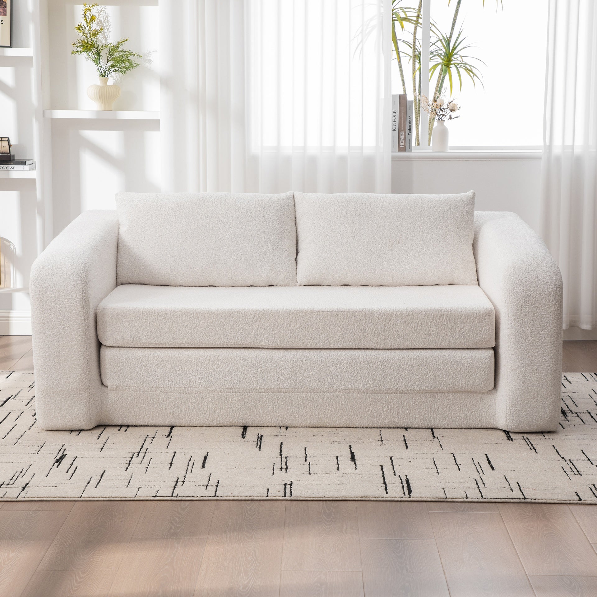 71" 2-in-1 Pull Out Foldable Loveseat Sofa Bed with Armrest & Backrest Pillows, Convertible Chenille Boneless Cloud Floor Mattress Sleeper Lounge Couch for Living Room Bedroom Guestroom Dorm, Ivory