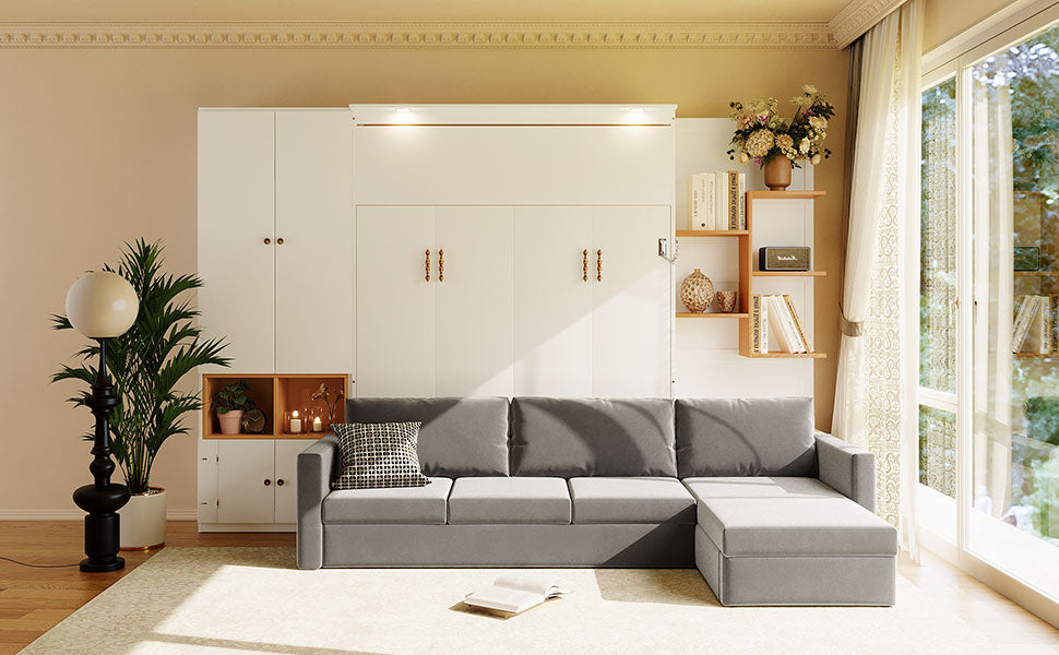 Queen Size Murphy Bed with Large Sofa, Storage Shelves & Cabinets, Modern Space-Saving Wall Bed with Dual Lights-White & Gray Sofa