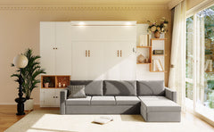 Queen Size Murphy Bed with Large Sofa, Storage Shelves & Cabinets, Modern Space-Saving Wall Bed with Dual Lights-White & Gray Sofa