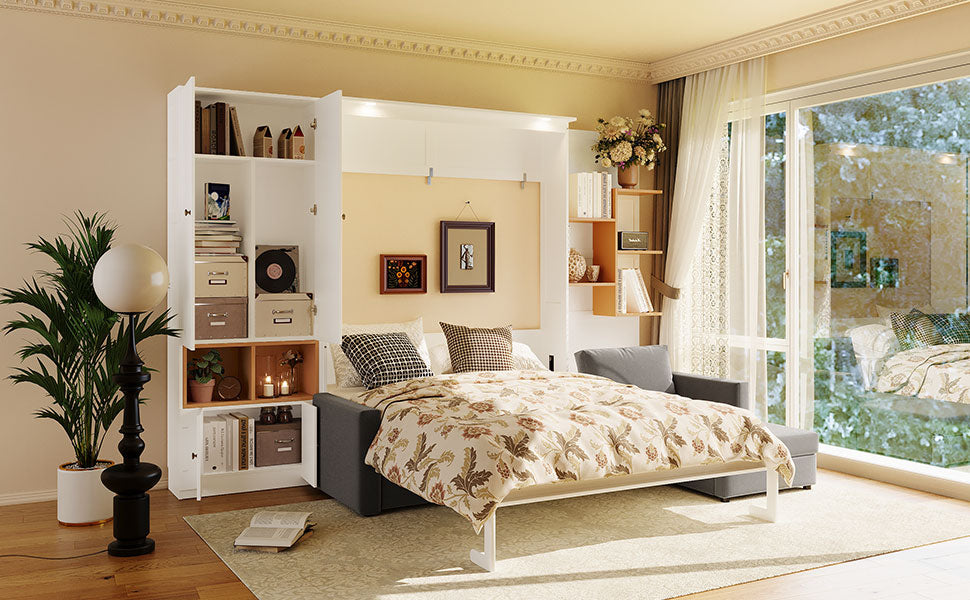 Queen Size Murphy Bed with Large Sofa, Storage Shelves & Cabinets, Modern Space-Saving Wall Bed with Dual Lights-White & Gray Sofa