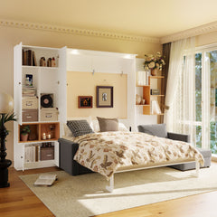 Queen Size Murphy Bed with Large Sofa, Storage Shelves & Cabinets, Modern Space-Saving Wall Bed with Dual Lights-White & Gray Sofa
