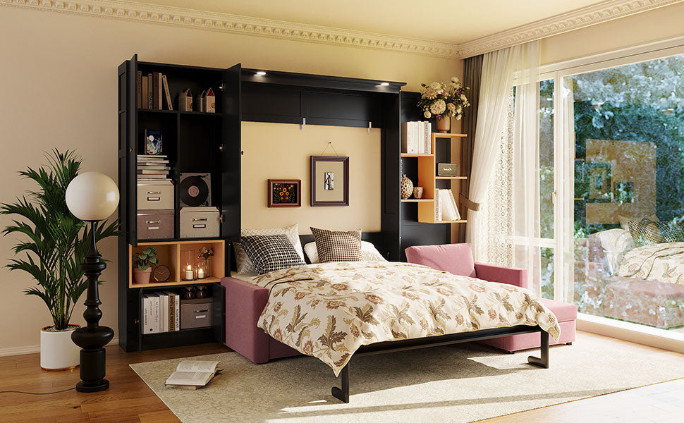Queen Size Murphy Bed with Large Sofa, Storage Shelves & Cabinets, Modern Space-Saving Wall Bed with Dual Lights-Black & Pink Sofa