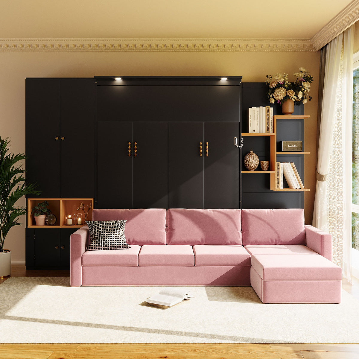 Queen Size Murphy Bed with Large Sofa, Storage Shelves & Cabinets, Modern Space-Saving Wall Bed with Dual Lights-Black & Pink Sofa