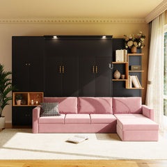 Queen Size Murphy Bed with Large Sofa, Storage Shelves & Cabinets, Modern Space-Saving Wall Bed with Dual Lights-Black & Pink Sofa