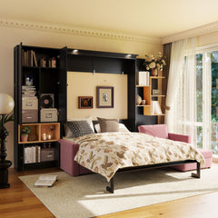 Queen Size Murphy Bed with Large Sofa, Storage Shelves & Cabinets, Modern Space-Saving Wall Bed with Dual Lights-Black & Pink Sofa